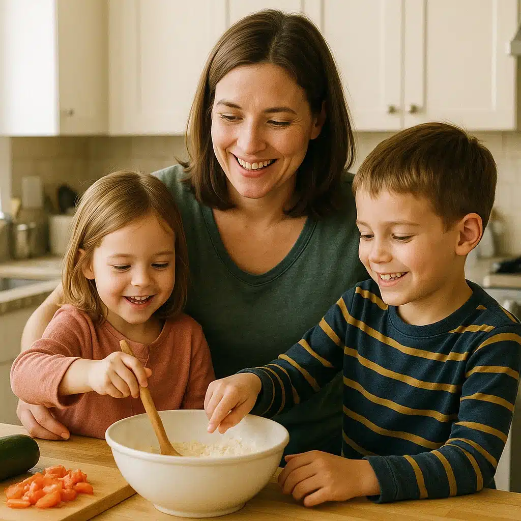 Sarah cooking with her two young children in a cozy home kitchen