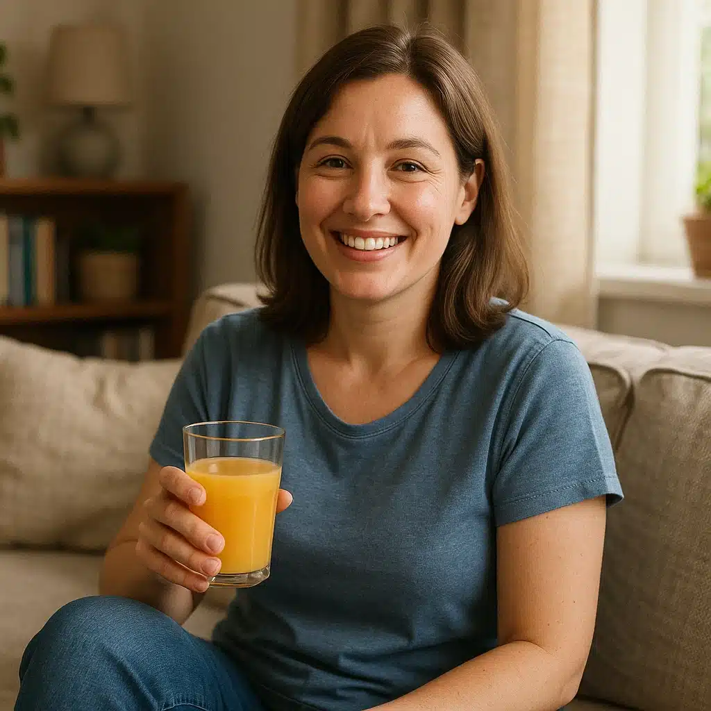 Sarah smiling while holding a glass of orange juice on the couch