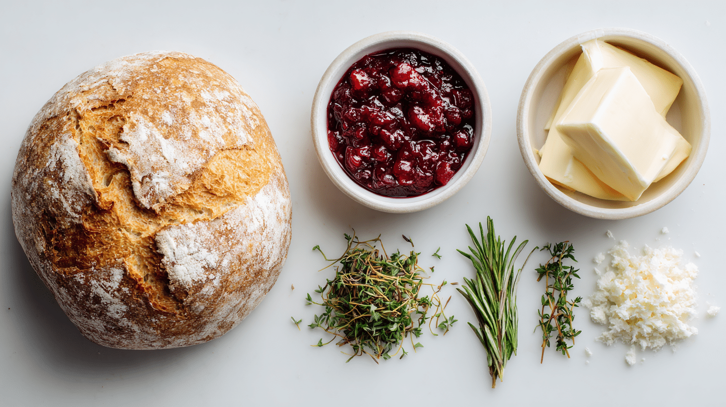 Overhead flat lay of a round sourdough loaf, a bowl of cranberry sauce, a bowl of butter, fresh rosemary and thyme, and grated cheese arranged on a white surface.