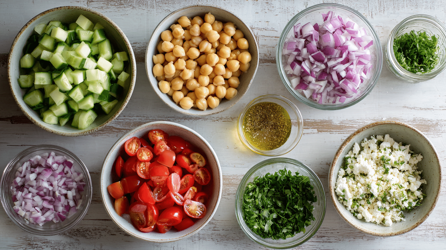 Overhead view of neatly arranged Mediterranean chickpea salad ingredients in bowls, including diced cucumber, whole chickpeas, chopped red onion, halved cherry tomatoes, crumbled feta, chopped parsley, and a small bowl of lemon vinaigrette on a rustic white wooden surface.